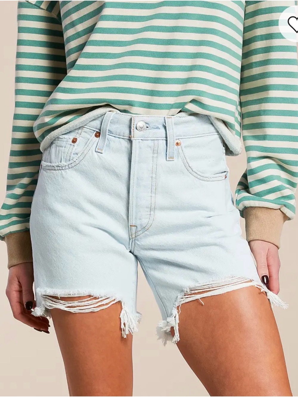 Levi's 501 Mid Thigh Short Light Blue Frayed Hem “Capital E” Denim Shorts W26